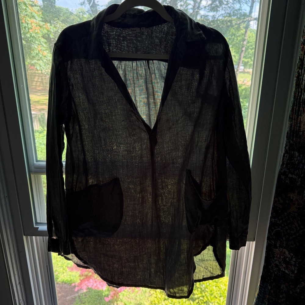 Dolma Linen Tunic Top Small Charcoal Grey Oversized V-Neck Pocket Long Sleeve